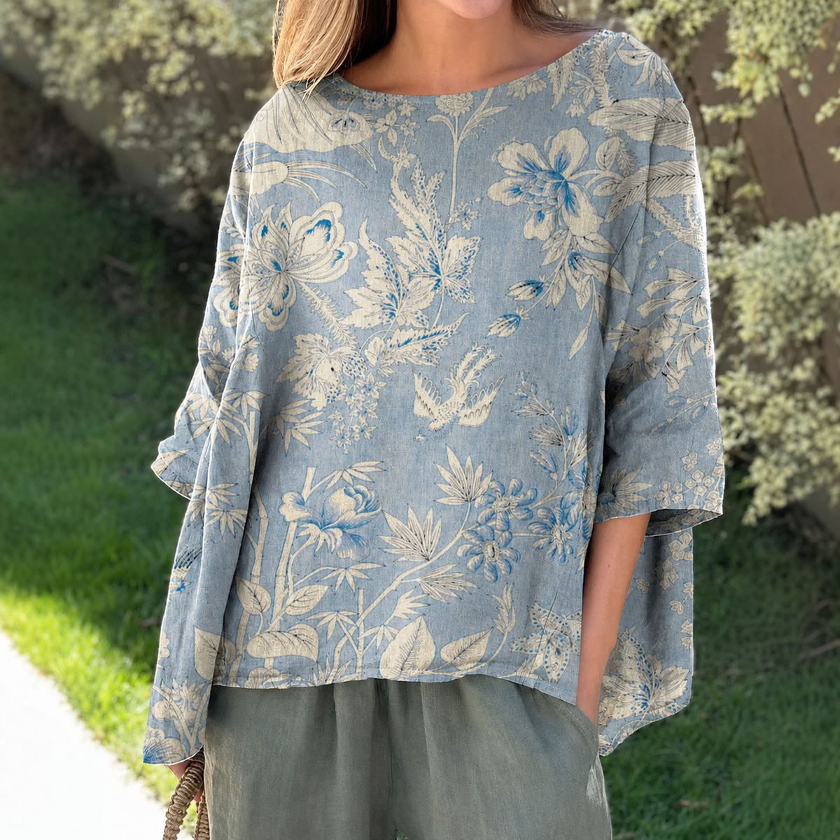 Chemisier Fleuri Bleu-Gris Ancien
