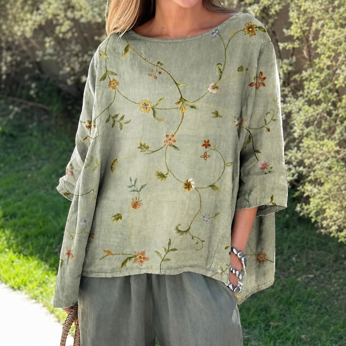 Chemisier Fleuri Vert Olive Feuillage