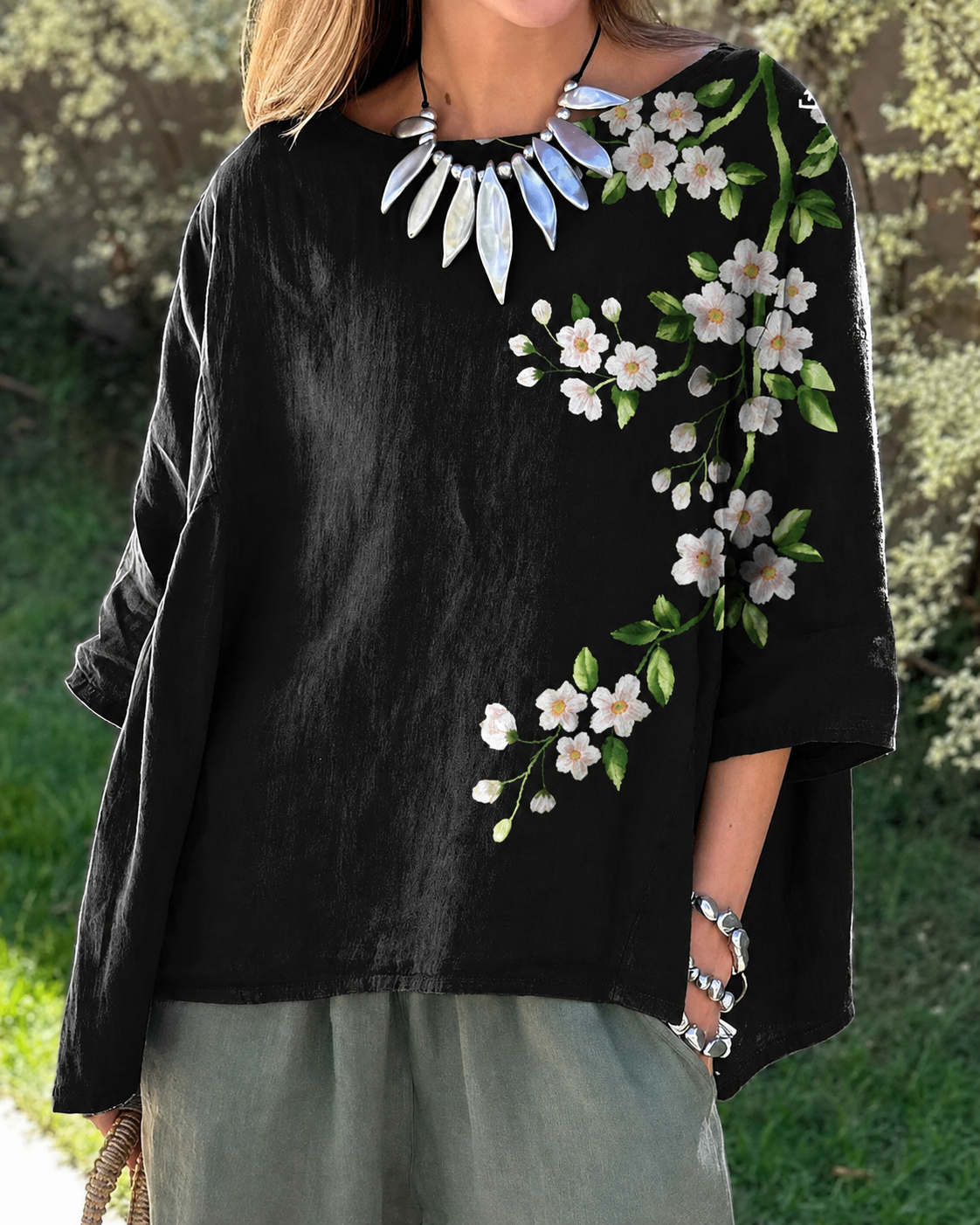 Chemisier Fleuri Noir Fleuri Rose
