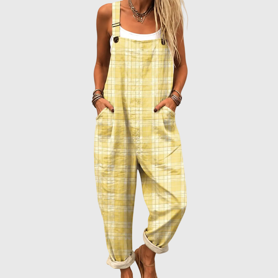 Salopette Confortable Écossaise Jaune Pastel