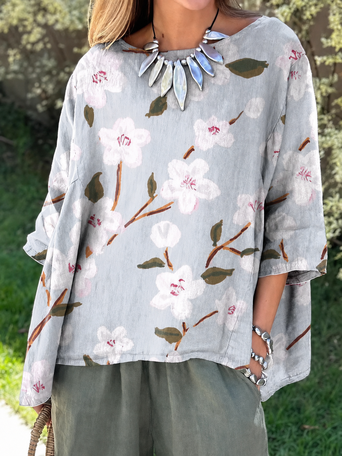 Chemisier Fleuri Gris Fleur de Cerisier