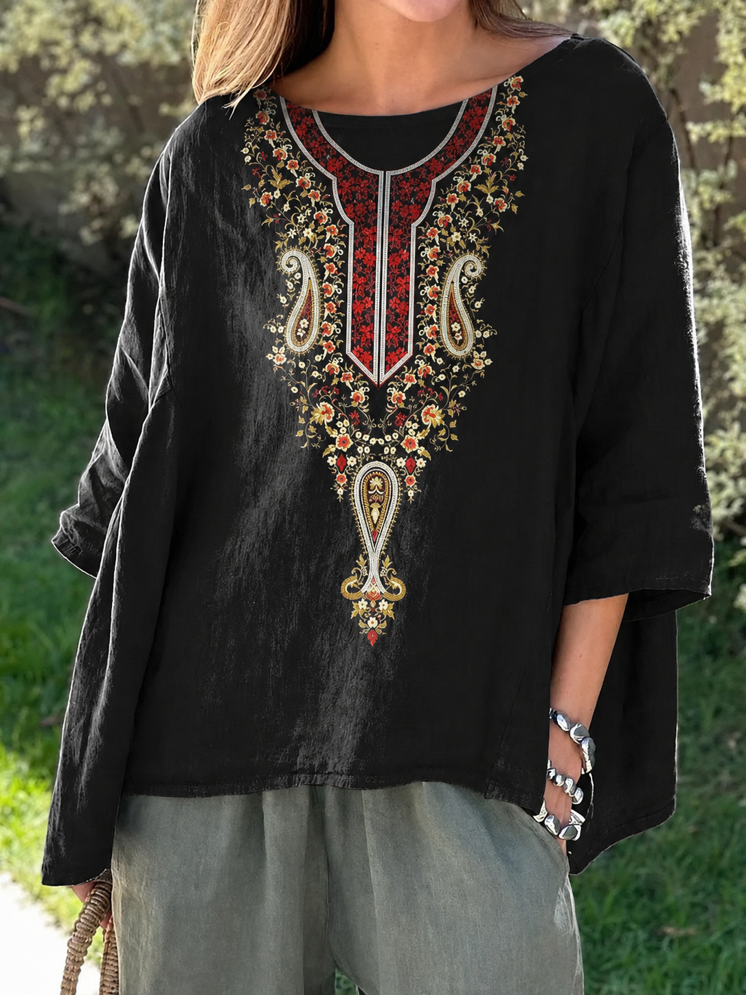 Chemisier Fleuri Noir Rouge Dore