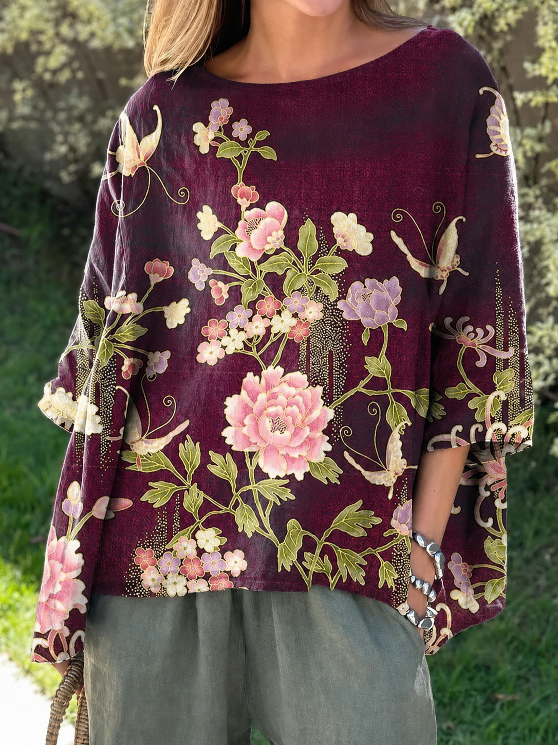 Chemisier Fleuri Bordeaux Papillons
